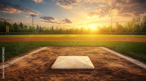 Baseball field at sunset empty home plate with golden hour light