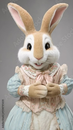 Charming whimsical anthropomorphic rabbit character in frilly dress with lace and floral accents against a solid backdrop