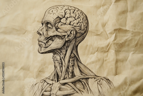 Hand drawn vintage illustration set of human body anatomy featuring an antique artistic sketch of a woman and a retro soldier sculpture collection in an old vector artwork style