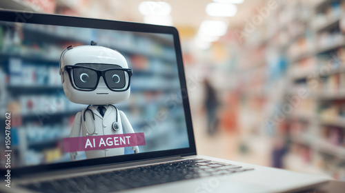 AI medical agent displayed on laptop screen, showcasing technology in healthcare with blurred pharmacy background