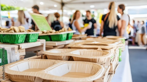 Catering event with eco friendly food containers at outdoor market setting