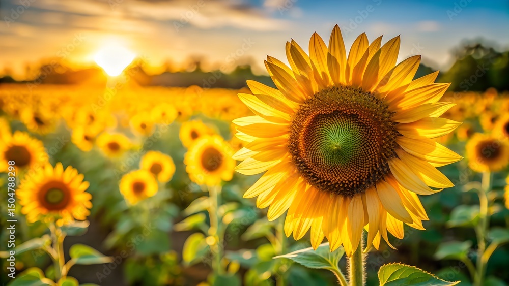 Obraz premium A bright, sun-drenched close-up of a single sunflower with a field of blurred sunflowers in the background. 