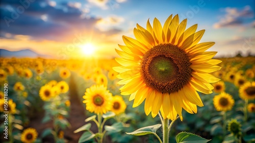 A bright, sun-drenched close-up of a single sunflower with a field of blurred sunflowers in the background.
