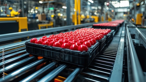 Red cherry tomatoes moving on conveyor belt in modern production facility