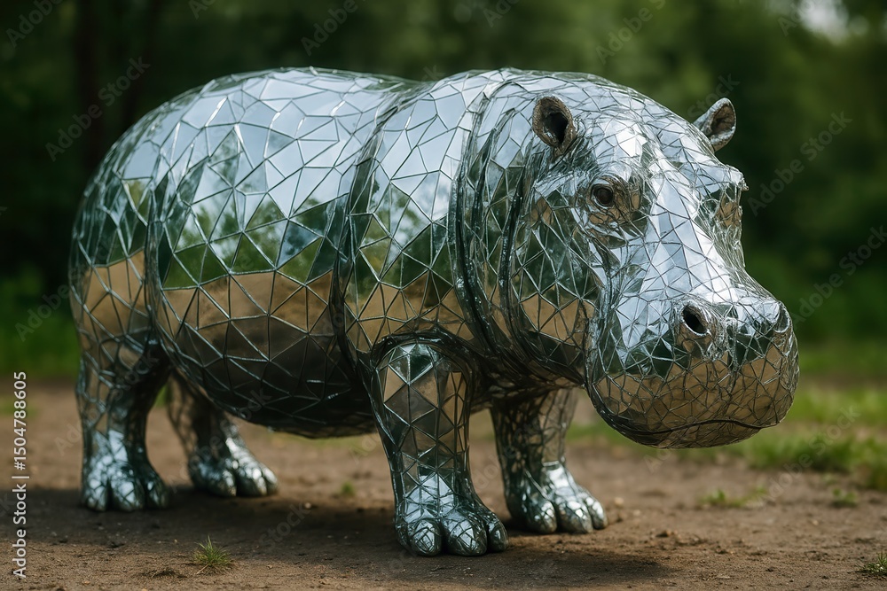 Fototapeta premium Metallic hippopotamus sculpture reflecting surrounding environment