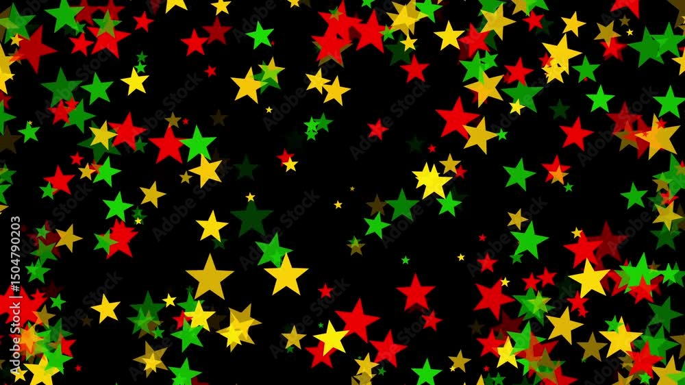 Stars floating in bold red, yellow, and green colors on black background for Juneteenth, or Freedom Day, to commemorate the ending of slavery on June 19th 1865 in the United States of America.