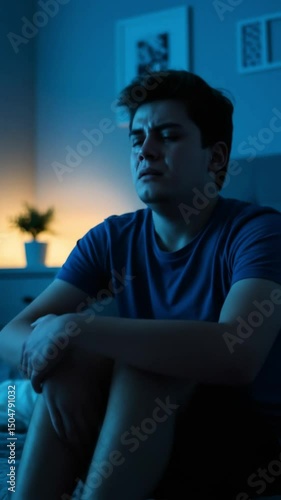 Teen feeling sad and depressed alone in bedroom at night mental health 4k video