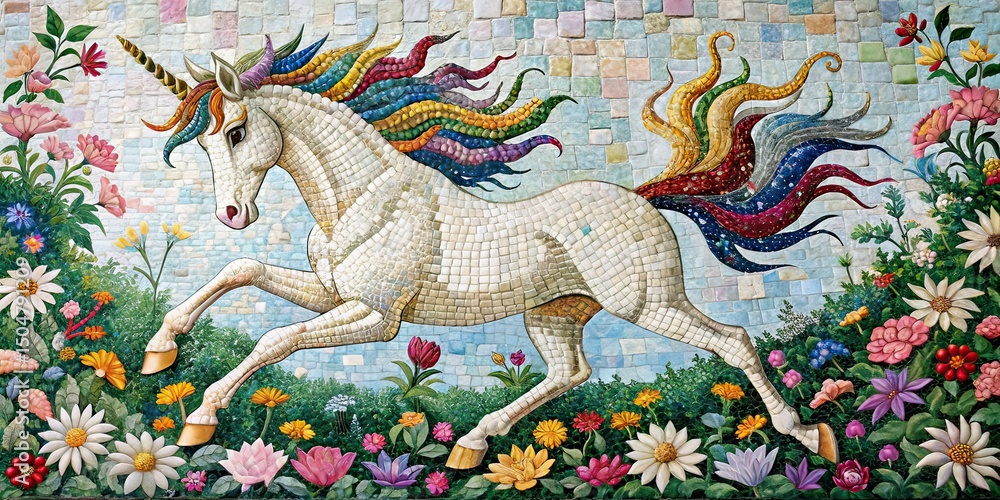 Fototapeta premium Magical Unicorn Dance on Floral Mosaic - AI Art