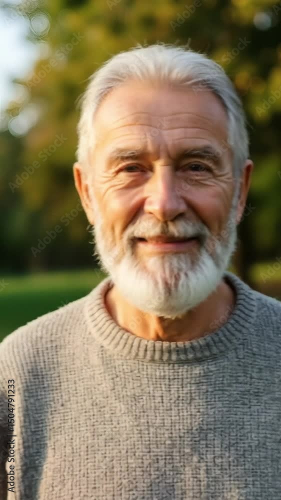 Portrait of smiling senior man with white beard in outdoor setting 4k video Portrait of smiling senior man with white beard in outdoor setting 4k video