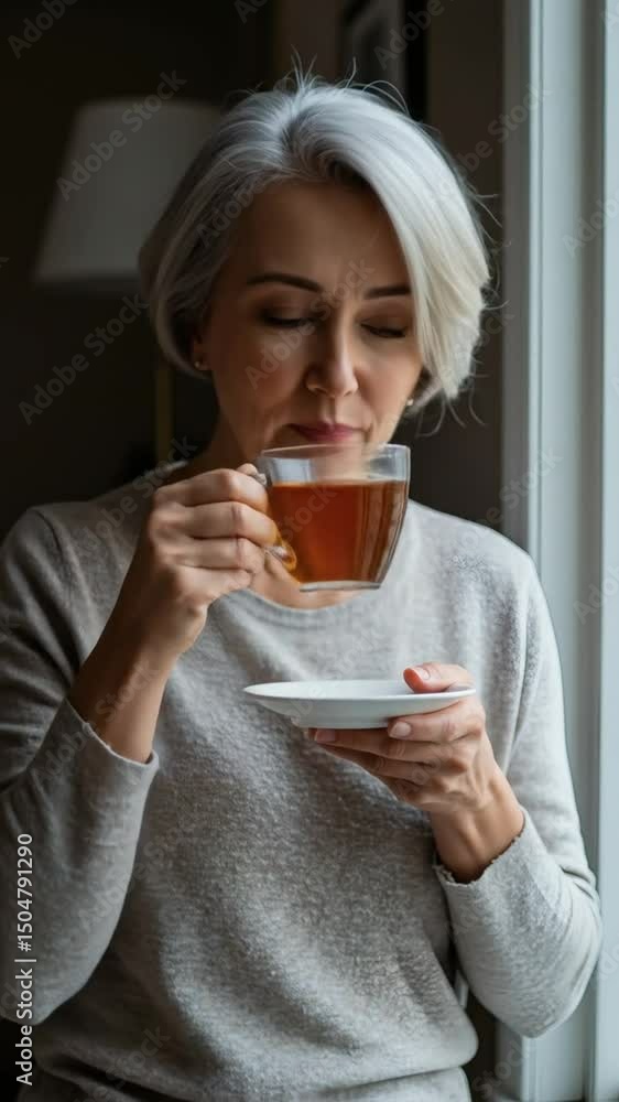Woman enjoying tea time relaxing with a cup of tea near the window 4k video Woman enjoying tea time relaxing with a cup of tea near the window 4k video