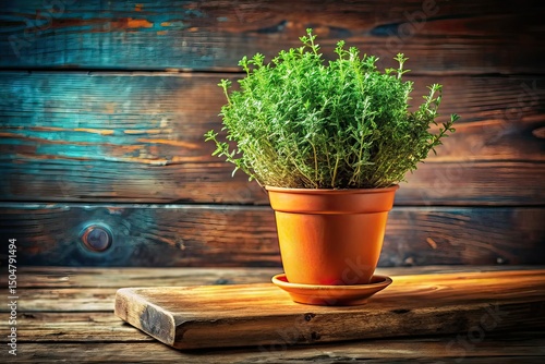 Manga Thyme Plant in Terracotta Pot, Long Exposure, Wood Shelf