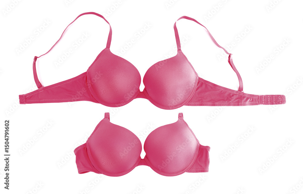 Beautiful crimson bra isolated on white, collage. Top view Beautiful crimson bra isolated on white, collage. Top view