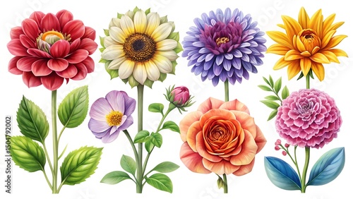 Wallpaper Mural Six vibrant, detailed flower illustrations in various colors, arranged in two rows on a white background. Torontodigital.ca
