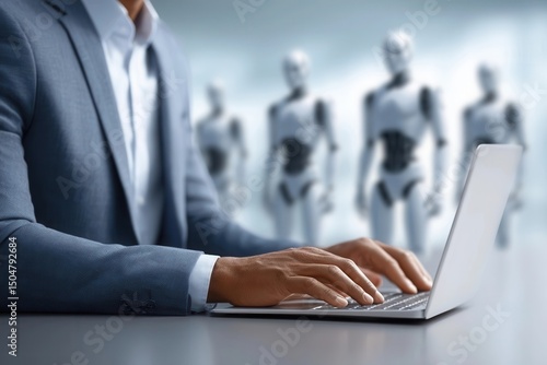 Businessman typing on laptop, robots in background, blurred, robotics and automation.