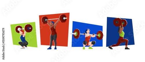 Illustration of female weightlifter characters. Sport, gym, weightlifting. Cartoon flat vector.