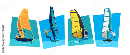 Windsurfing female athlete character illustration. Water sport, extreme. Cartoon flat vector.