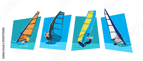Windsurfing male athlete character illustration. Water sport, extreme. Cartoon flat vector.