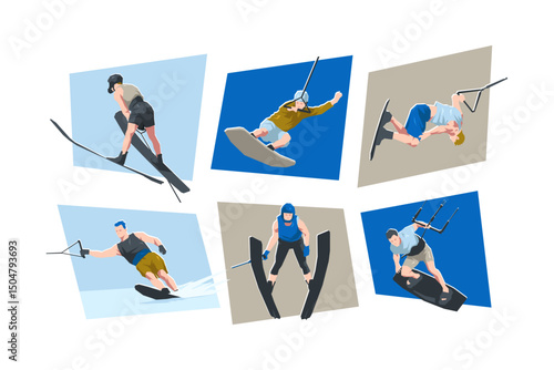 Illustration of male characters water skiing, wakeboarding and kitesurfing. Water sport concept. Flat vector cartoon.