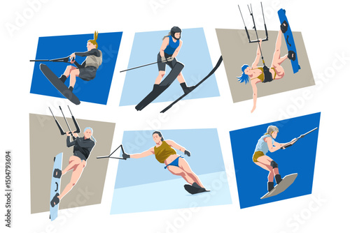 Illustration of female characters water skiing, wakeboarding and kitesurfing. Water sport concept. Flat vector cartoon.