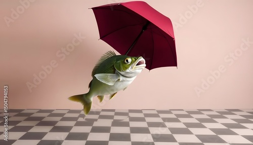 Surreal Fish with Umbrella Whimsical Underwater Scene