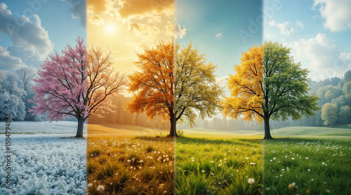 collage in one photo with beautiful nature four seasons winter, spring, summer and autumn of the same location from one angle