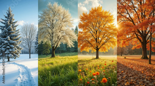 collage in one photo with beautiful nature four seasons winter, spring, summer and autumn of the same location from one angle