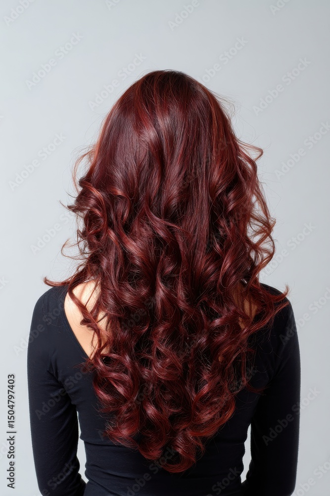 Naklejka premium A woman with long red hair is wearing a black shirt