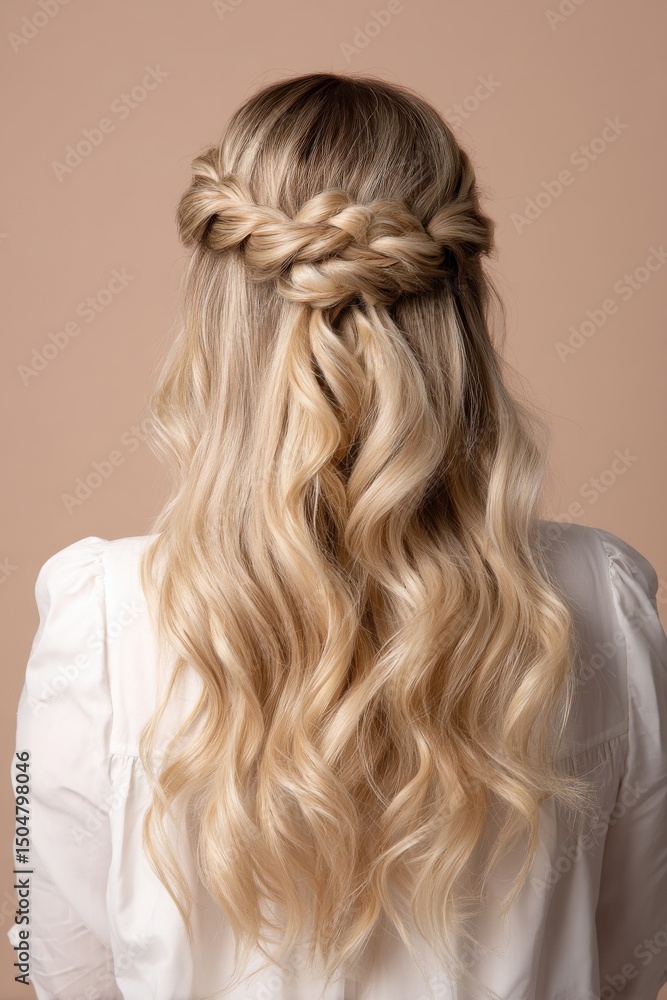 Naklejka premium A woman with long blonde hair is wearing a white shirt and has her hair in a bun