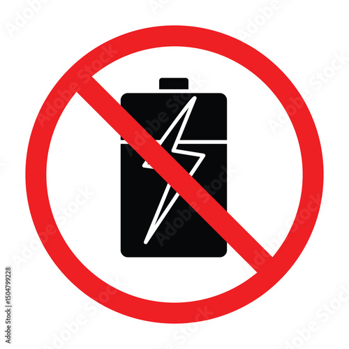 Forbidden sign with battery icon, no battery allowed sign, battery prohibition symbol