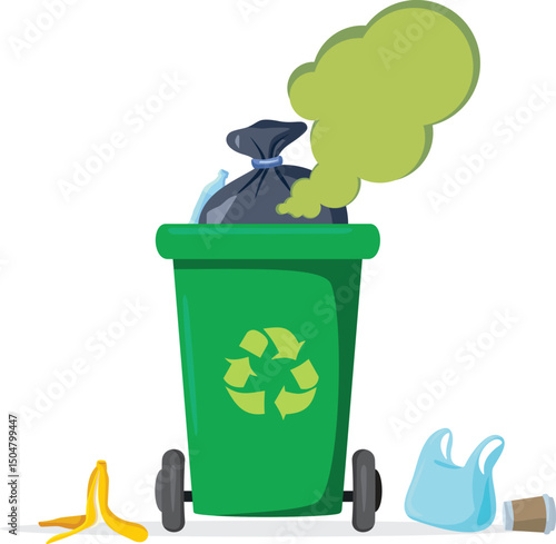 Dirty Smelly Garbage Bin Vector Cartoon Illustration. Trash can full of waster that smells awful and disgusting 