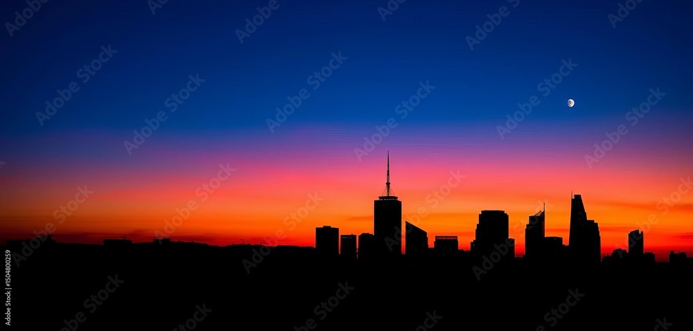 Fototapeta premium Silhouetted city skyline at sunset, double moon backdrop, buildings, night sky
