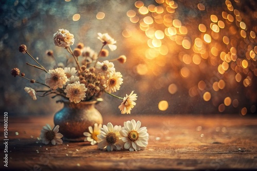 A Rustic Still Life Featuring Delicate White Flowers in an Antique Vase, Illuminated by a Warm, Golden Glow