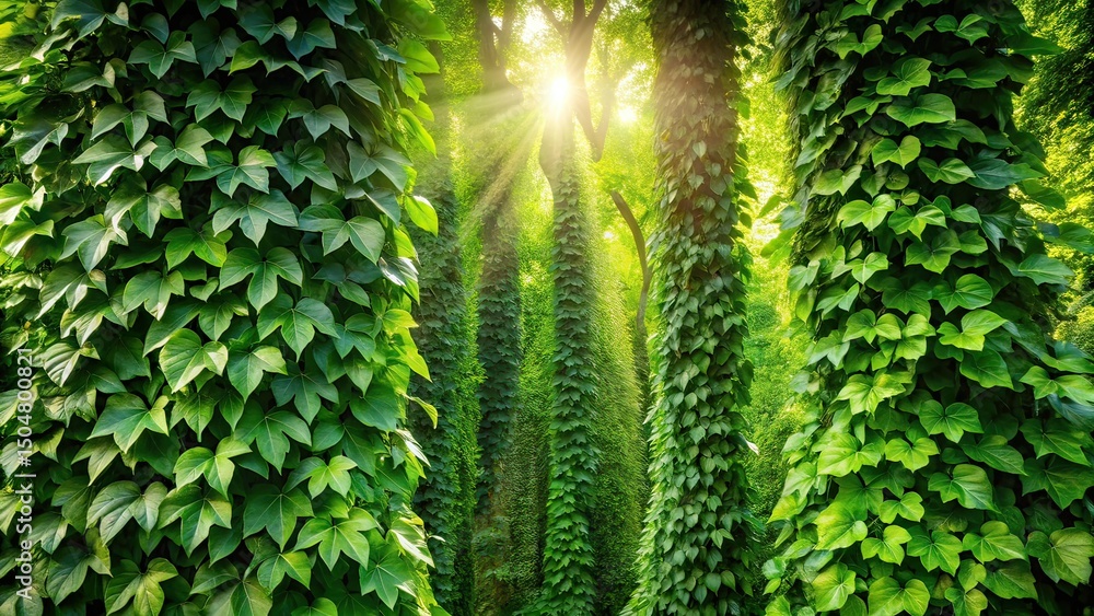 Fototapeta premium Sun-Drenched Ivy-Covered Trees - AI Photo