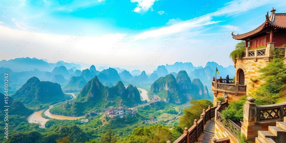 Naklejka premium Scenic Dragon Ridge Terrace overlooking Guilin's karst landscape, nature, Dragon Ridge