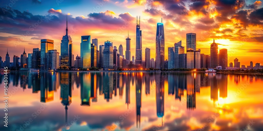 Fototapeta premium Tilt-Shift City Sunset Skyline Reflections