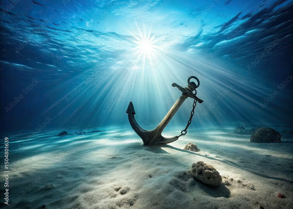 Obraz premium Underwater Anchor, Minimalist Seascape, Deep Sea