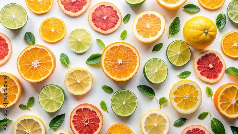 Vibrant Citrus Fruit Slices Arranged with Fresh Green Leaves on a White Background, a Delightful Summer Image Perfect for Health, Wellness, and Food Related Designs Vibrant Citrus Fruit Slices Arranged with Fresh Green Leaves on a White Background, a Delightful Summer Image Perfect for Health, Wellness, and Food Related Designs