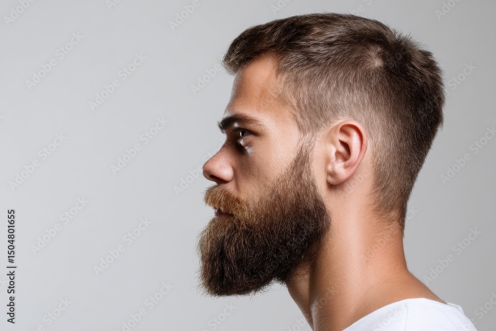 Fototapeta premium A man with a beard and short hair is standing in front of a white wall