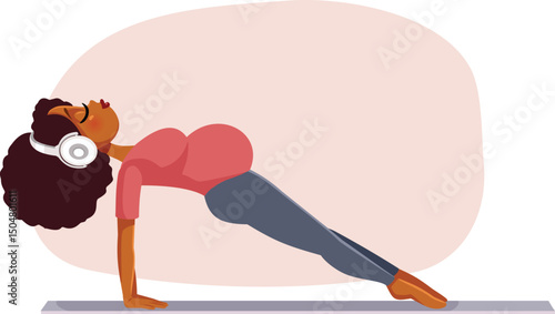 
Mom in Purvottanasana Pose Vector Cartoon Illustration. Mother to be doing prenatal yoga exercises to stay in shape while listening to music