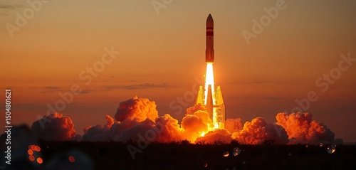 Rocket launch at sunrise, surrounded by sparkling crystals,  sunrise,  vibrant colors