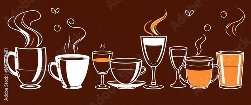 Retro line art illustration of coffee cups and glasses, perfect for coffee shop menus and branding, mug, coffee