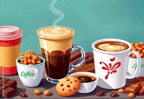 Realistic vector illustration of hot coffee drinks, takeaway cups, cookies, and chocolate, ideal for a breakfast or coffee shop menu,  dessert,  cafe