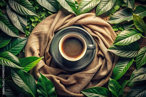 Vintage Tire Mug, Green Leaves, Overhead, Sepia, Fresh Splash