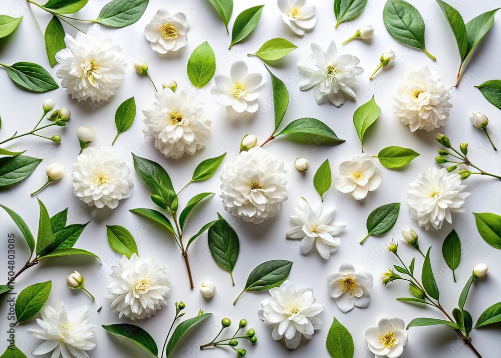 Fototapeta premium White Flowers & Leaves on White Background Food Photography