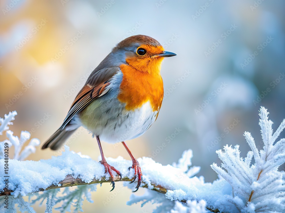 Fototapeta premium Winter Robin Long Exposure Photography, Cold Day, Bird in Snow