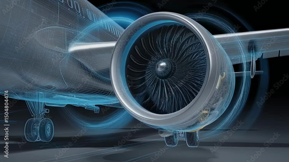 Airplane engine rotating, revealing intricate internal components through animated wireframe and pulsing sound waves, highlighting engineering precision against dark background