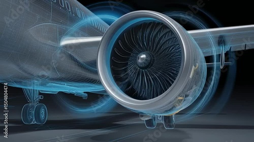 Airplane engine rotating, revealing intricate internal components through animated wireframe and pulsing sound waves, highlighting engineering precision against dark background