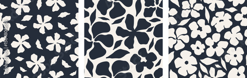 Abstract floral seamless pattern set. Minimal seamless floral motif pattern with modern vibes in black and white colors. Ideal for paper products, fashion design, and homeware. Vector illustration