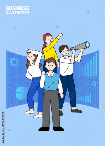 여러명이 먼곳을 바라보며 더 나은 미래를 꿈꾸고 있는 비즈니스 이미지(벡터)