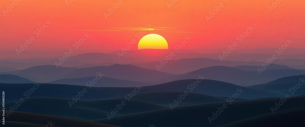 Fototapeta premium Minimalist earth tone sunrise over rolling hills, abstract landscape illustration, hills, simple